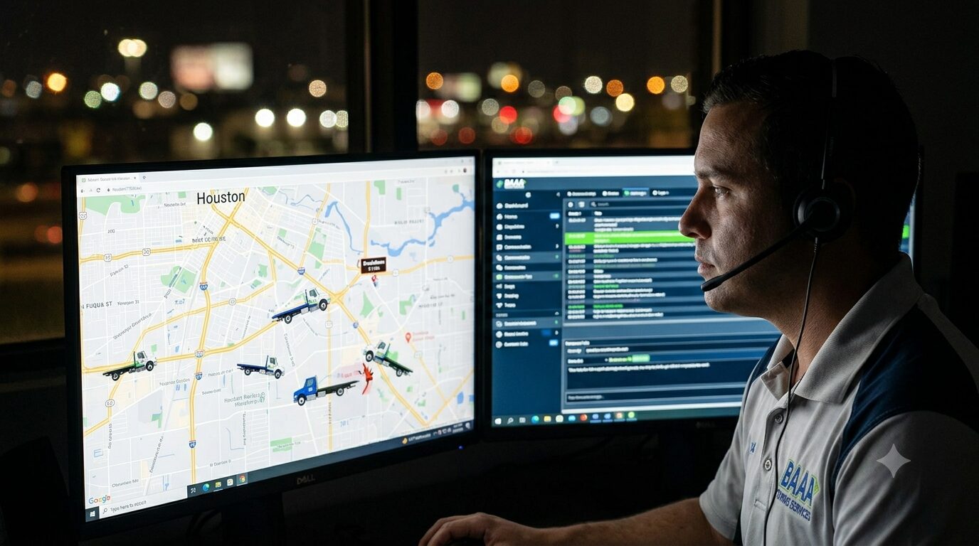 BAAA Towing dispatch center in Houston using GPS tracking to monitor local tow trucks near Fuqua St at night.