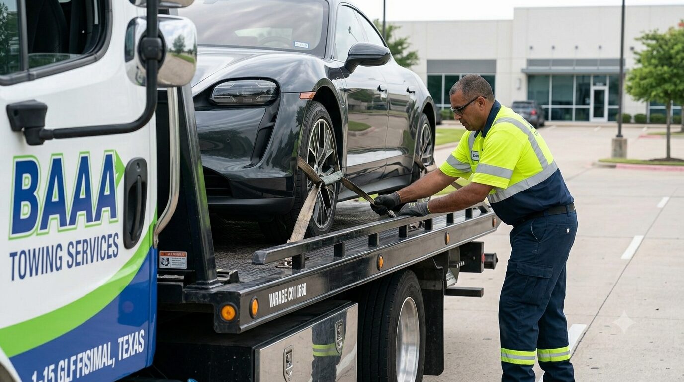 BAAA Towing technician using a specialized wheel-lift strap to winch an electric vehicle safely onto a flatbed in Houston.
