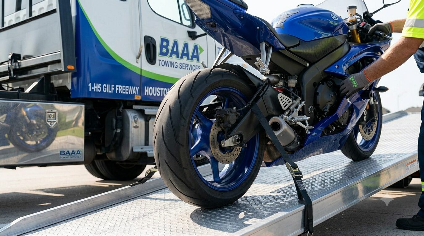Close-up of a BAAA Towing technician using soft straps on a sportsbike swingarm during loading in Houston.