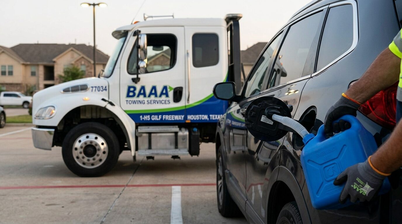 BAAA Towing technician providing emergency fuel delivery service to a stranded SUV in a Houston 77034 parking lot at dusk.