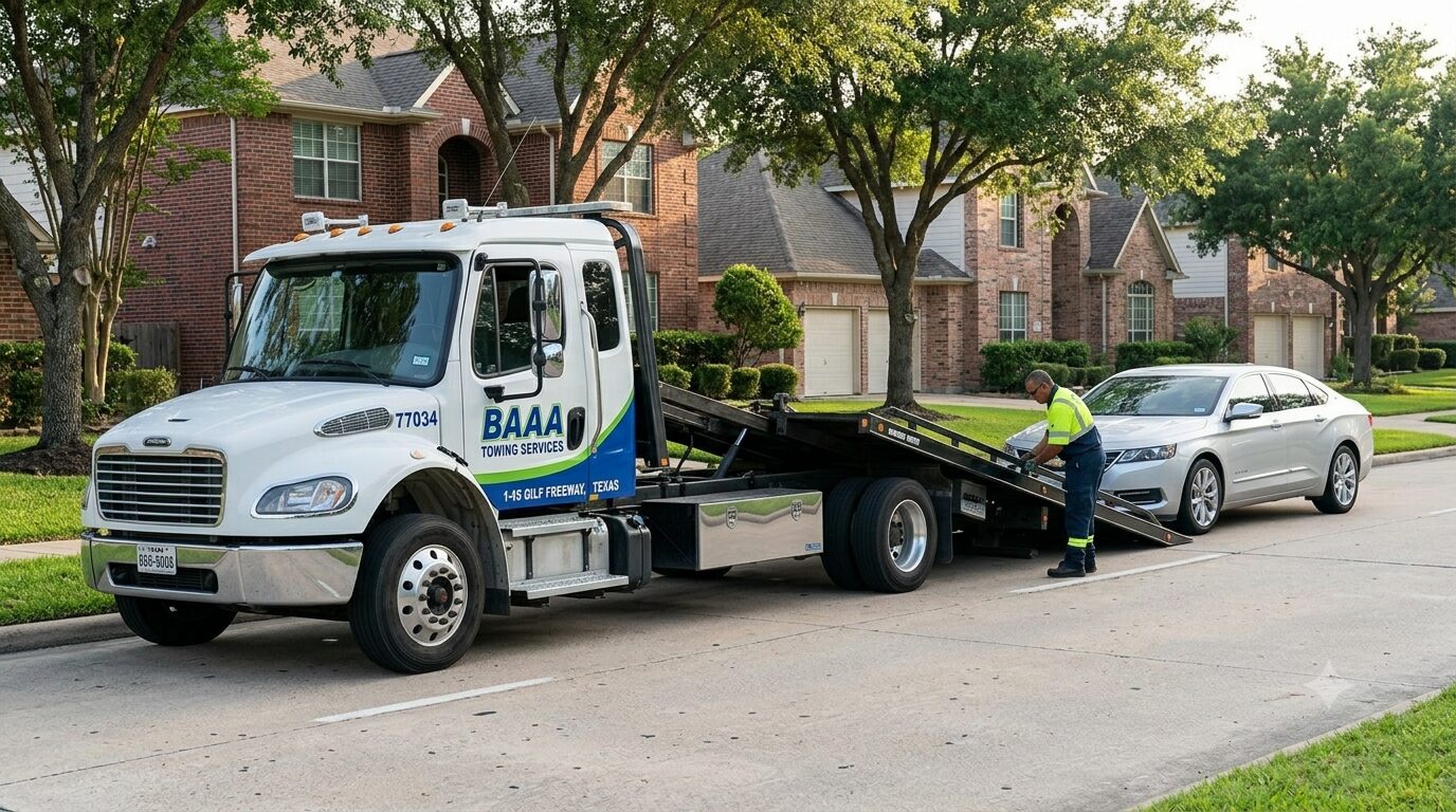 BAAA Towing Services flatbed truck responding to a local residential car towing call in the Sagemont neighborhood, Houston 77034.