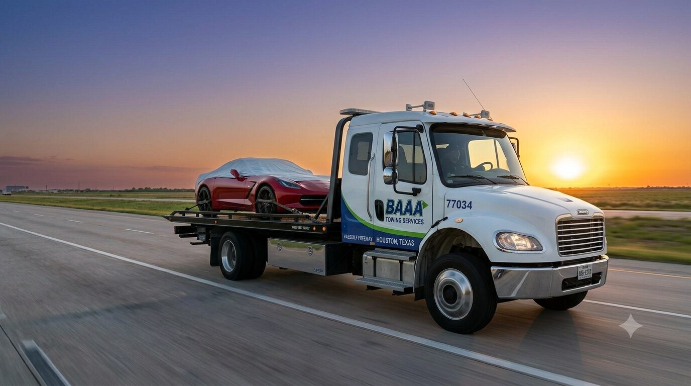 BAAA Towing long-distance truck hauling a covered sports car on an interstate highway at sunset.