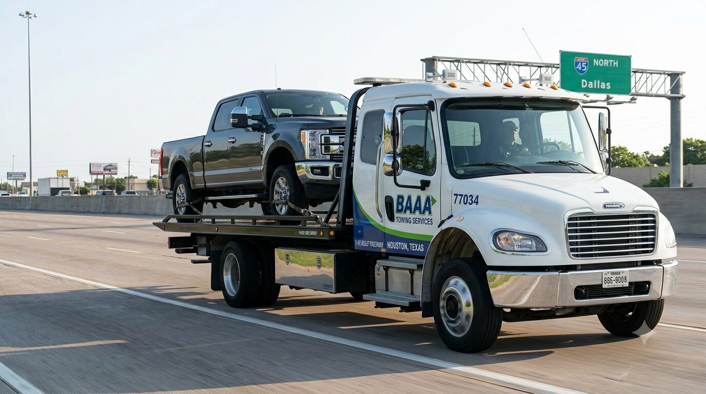 BAAA Towing Services flatbed truck hauling a pickup truck on I-45 North, departing Houston for a long-distance transport.