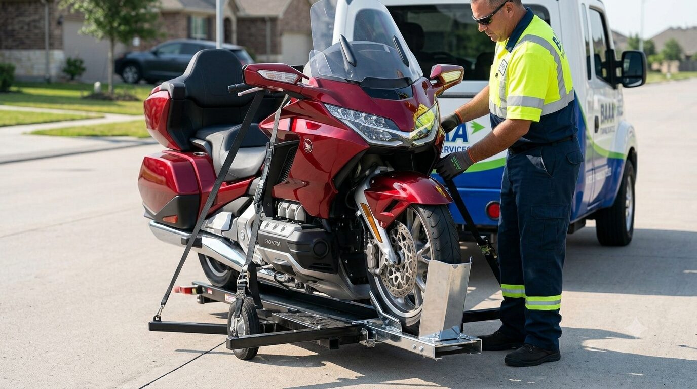 Specialized BAAA Towing motorcycle cradle holding a touring bike secure with soft straps on a Houston street.