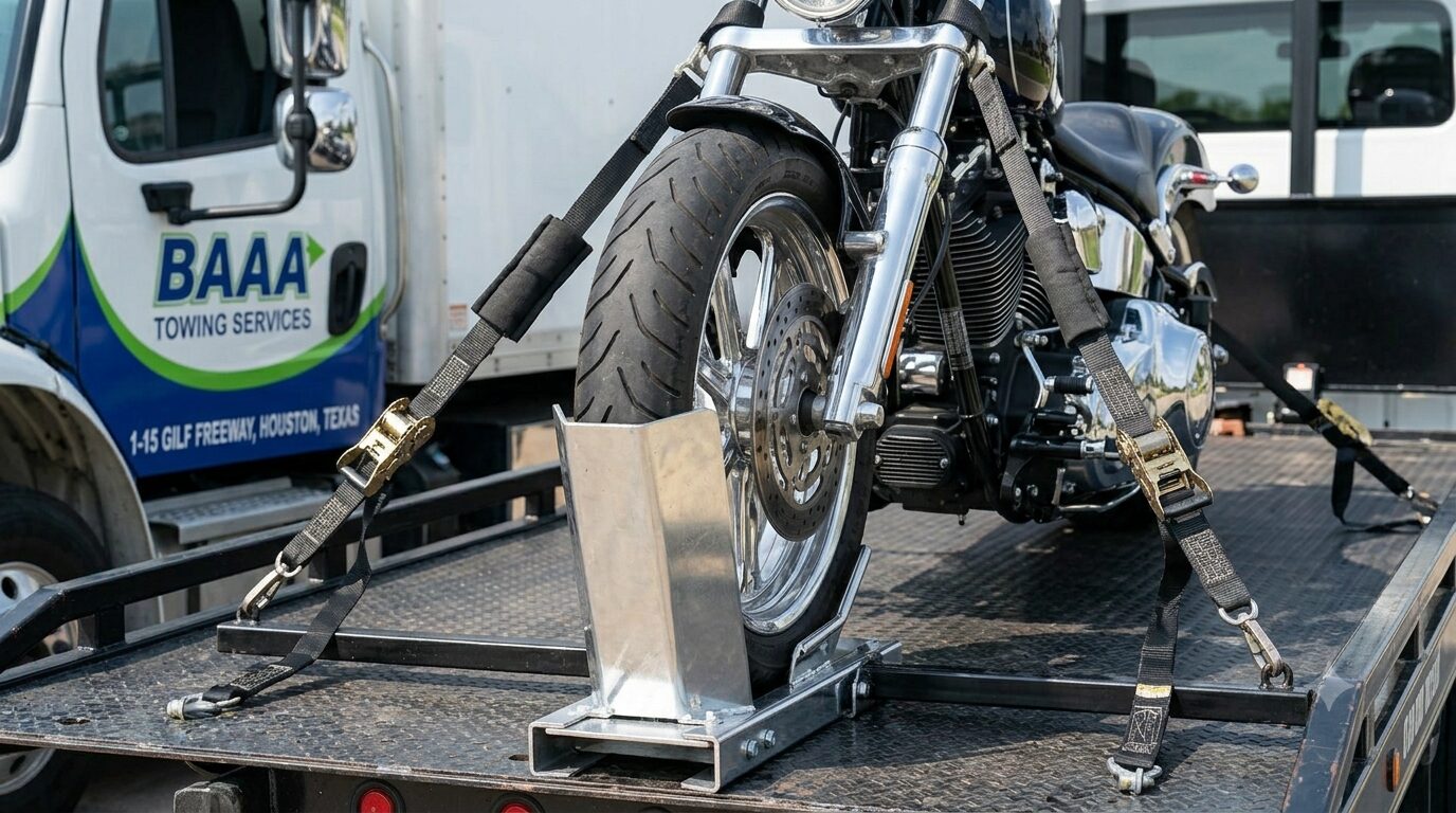 Heavy custom cruiser motorcycle locked into a front wheel chock on a BAAA Towing transport deck.