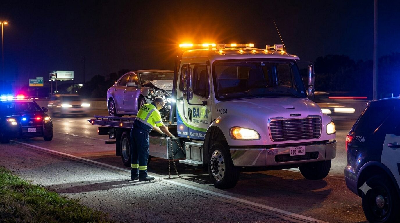 BAAA Towing truck utilizing emergency strobe lights defensively to block highway traffic during a safe night accident recovery in Houston.