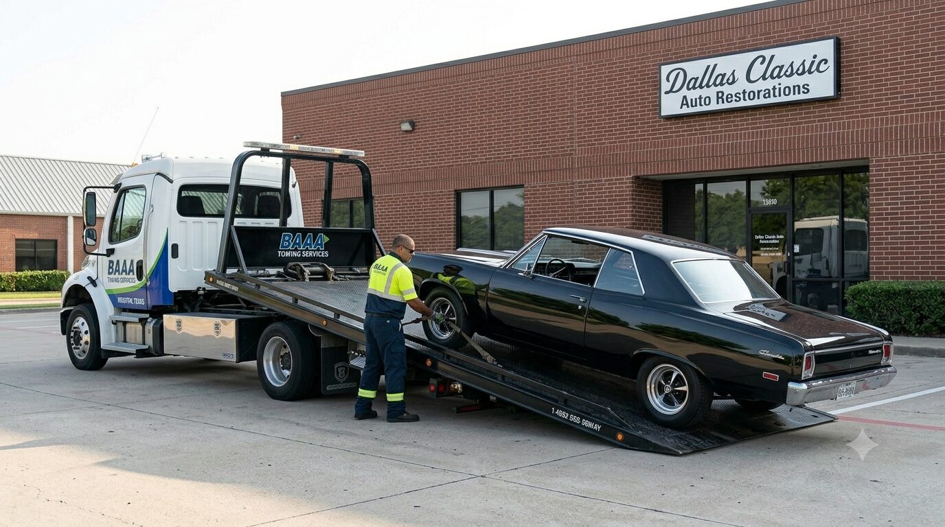 BAAA Towing technician safely unloading a classic car at a Dallas restoration shop after long-distance transport.