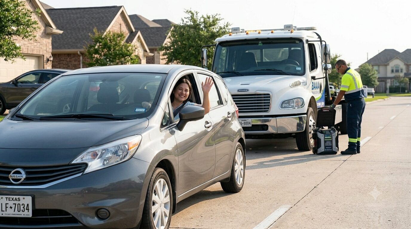 BAAA Towing technician providing peace of mind as a happy customer departs safely after a successful local jump start in Houston.