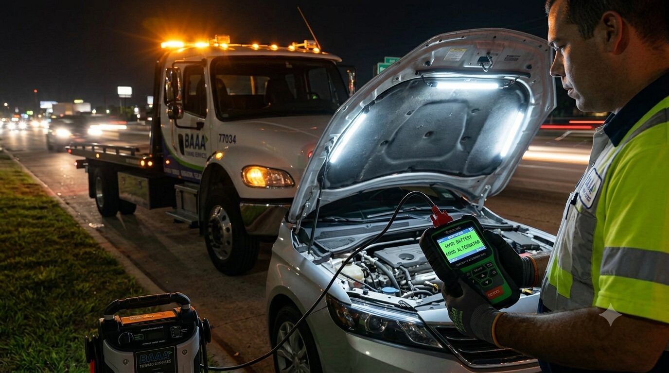 BAAA Towing technician performing rapid roadside diagnostics to confirm a vehicle's battery and alternator health after a successful night jump start.