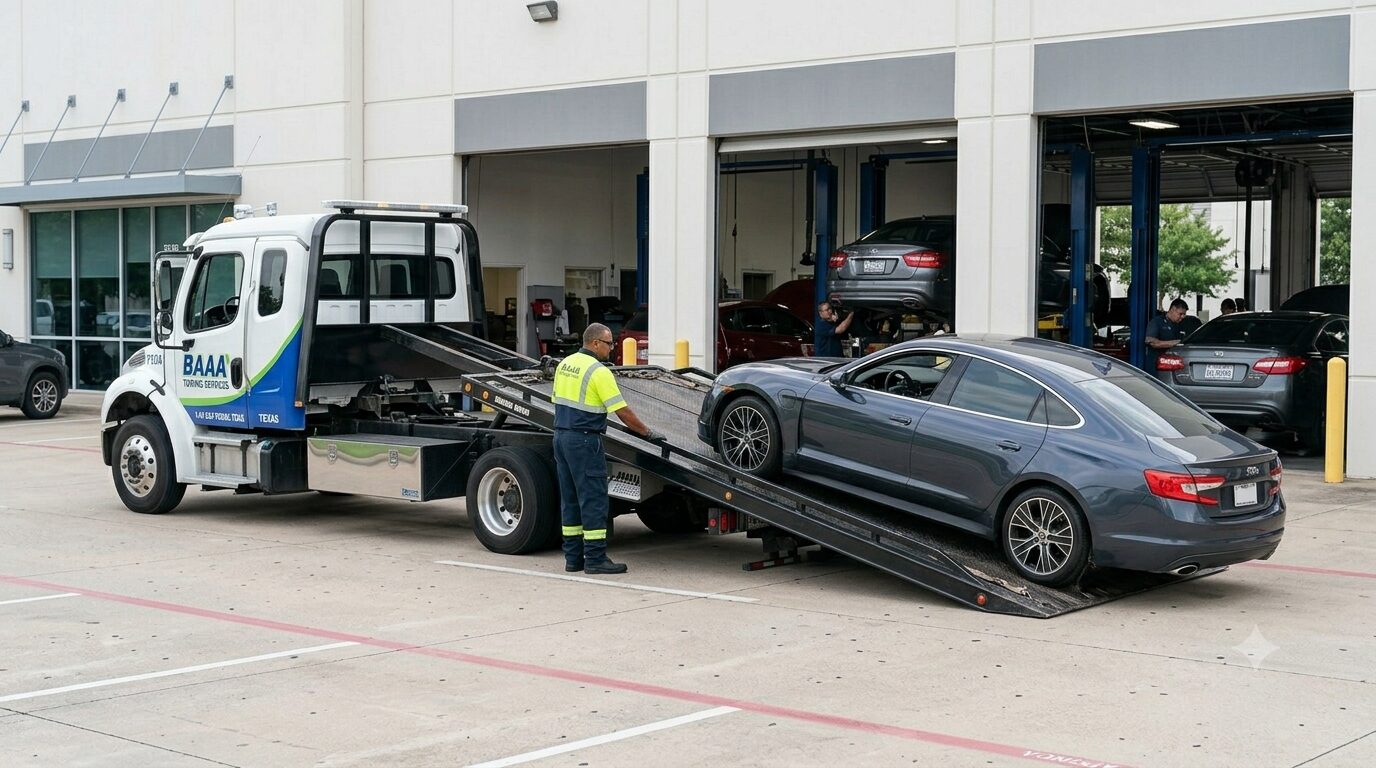 BAAA Towing Services flatbed truck safely delivering a passenger sedan to a local Houston auto repair shop.
