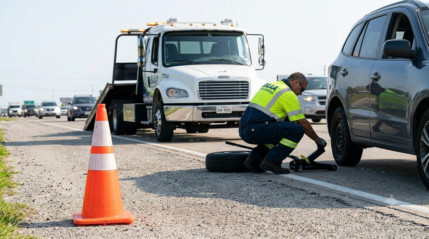 BAAA Towing safety-first roadside tire change service on a gravel shoulder near Beltway 8 in Houston.