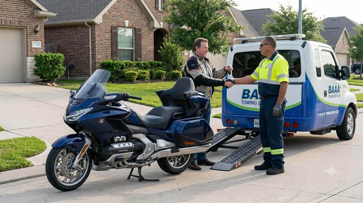 BAAA Towing technician successfully delivering a touring motorcycle to a Houston residential driveway.