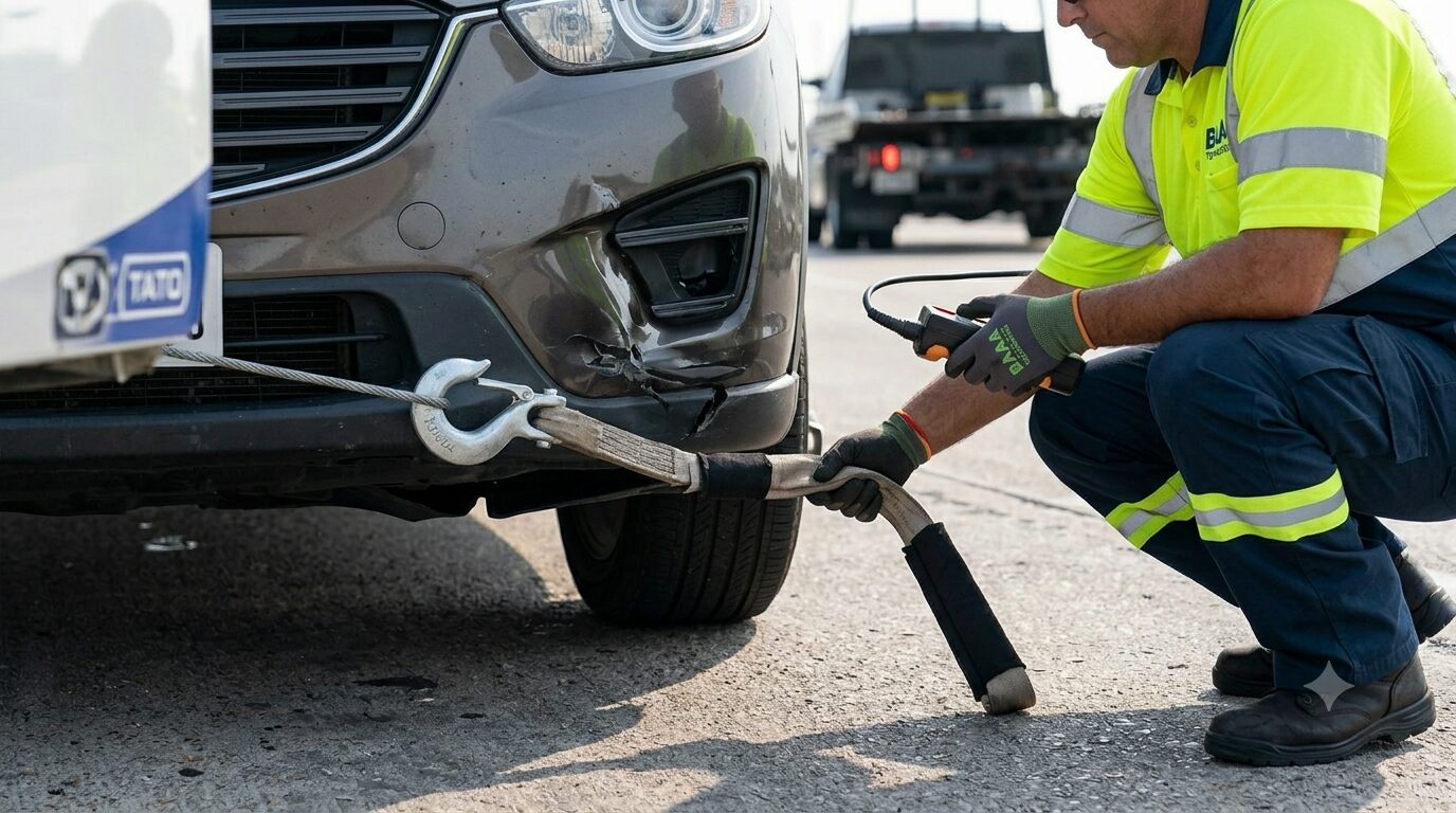 Close-up of a BAAA Towing technician attaching a padded winching strap to structurally sound points on a damaged SUV in Houston.