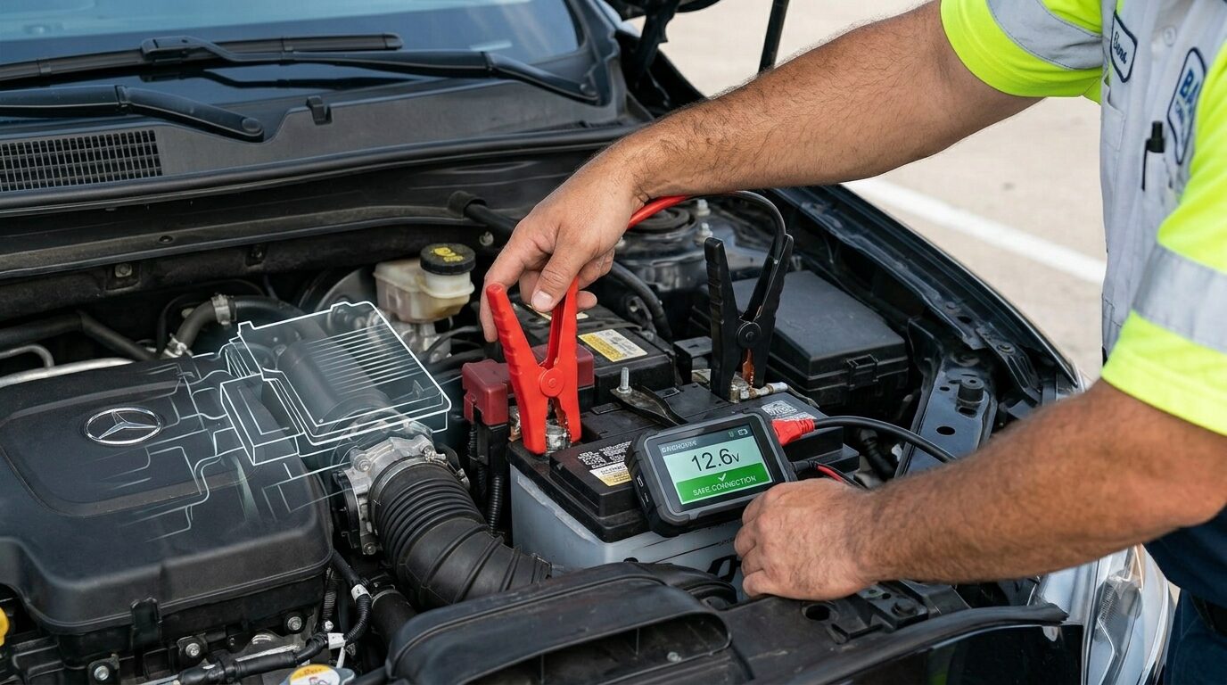 Close-up of a BAAA Towing technician utilizing a surge-protected jump pack with a 'SAFE CONNECTION' indicator on a modern vehicle.