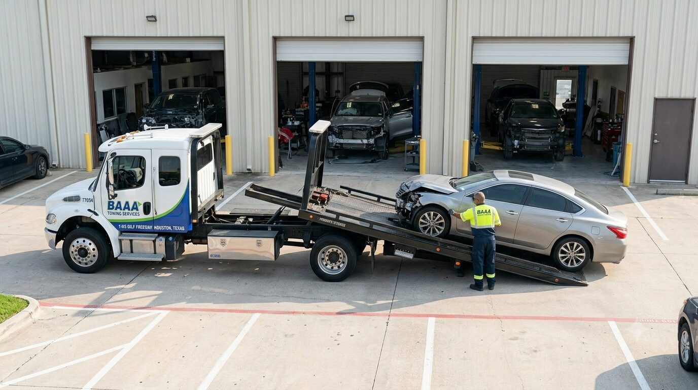 BAAA Towing safely delivers an accident-damaged sedan to a local Houston collision repair shop.