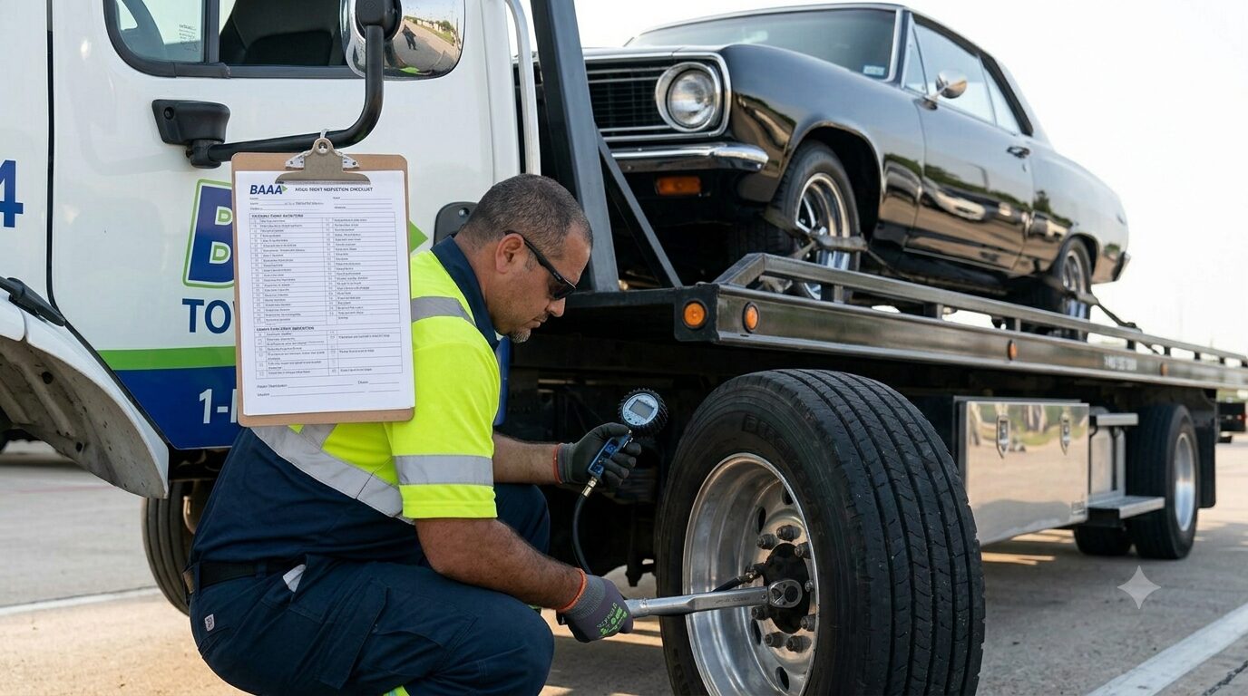 BAAA Towing technician performing a pre-trip safety inspection on a long-distance transport truck in Houston.